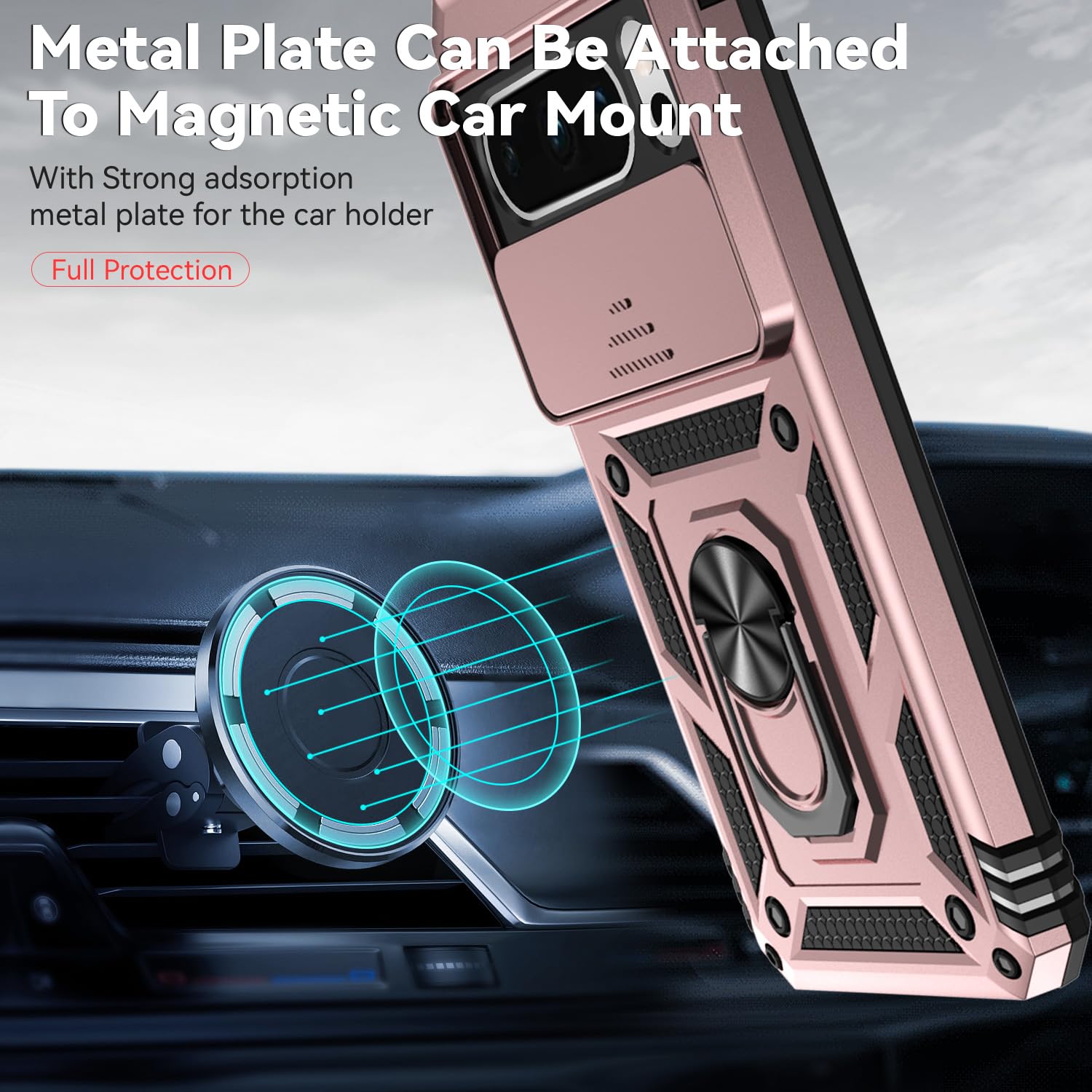 Husa telefon, pentru Google Pixel 8 Pro Capac de obiectiv al camerei glisante, inel rotativ 360°, Auriu rose