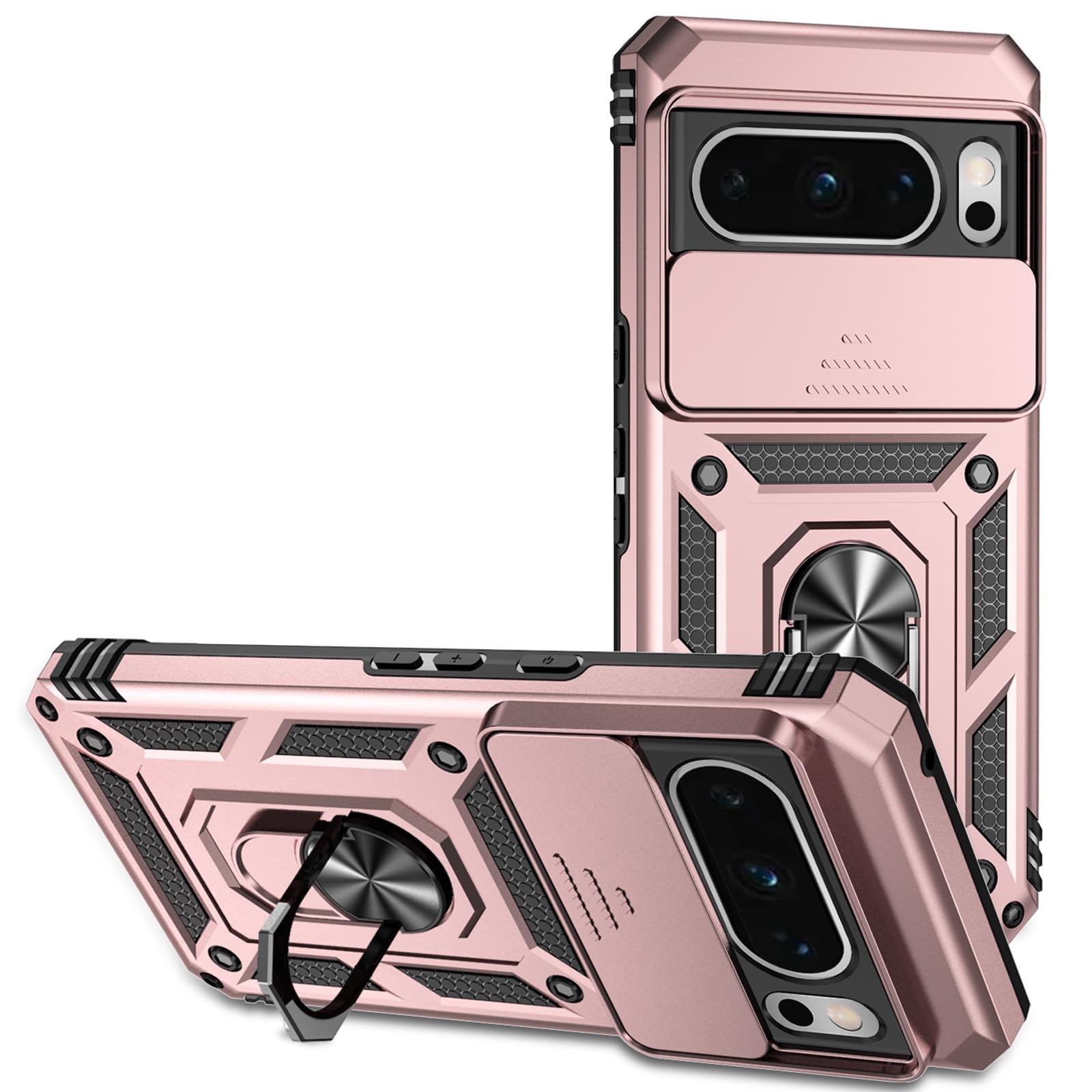 Husa telefon, pentru Google Pixel 8 Pro Capac de obiectiv al camerei glisante, inel rotativ 360°, Auriu rose