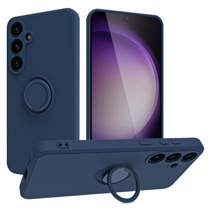 Калъф за телефон, за Samsung Galaxy A55 5G, течен силикон, гъвкави ръбове, устойчив на надраскване и удар, кръгъл пръстен, тъмносин