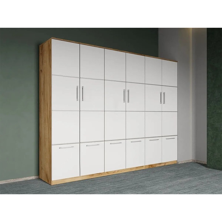 Dulap dormitor, Acapulco, 6usi, v1, Alb cu Stejar Auriu, Pal Melaminat