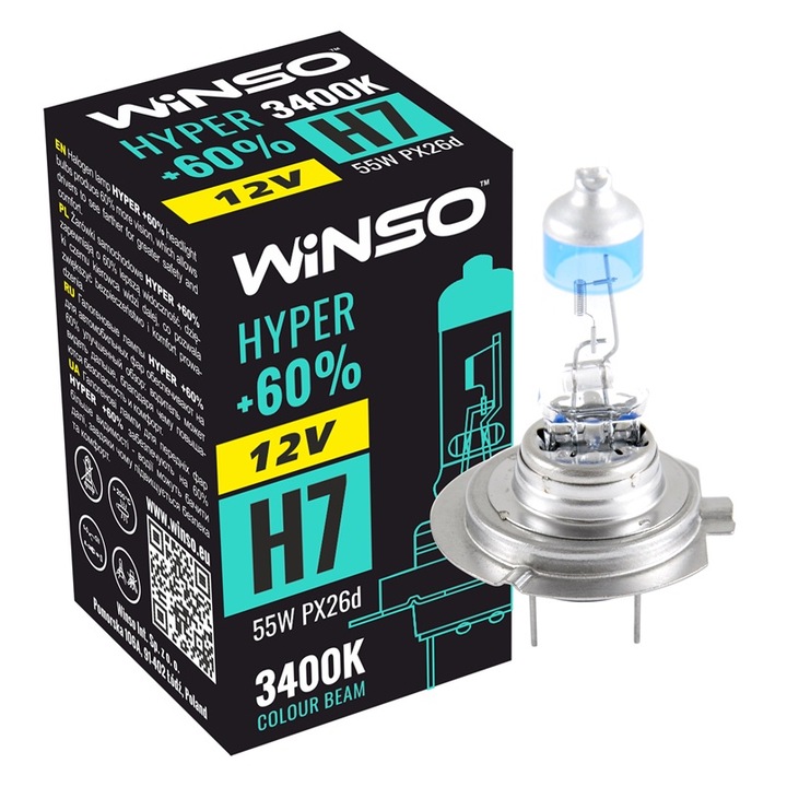 Bec Halogen Winso Hyper +60% H7 - 12V, 55W PX26d 3400K