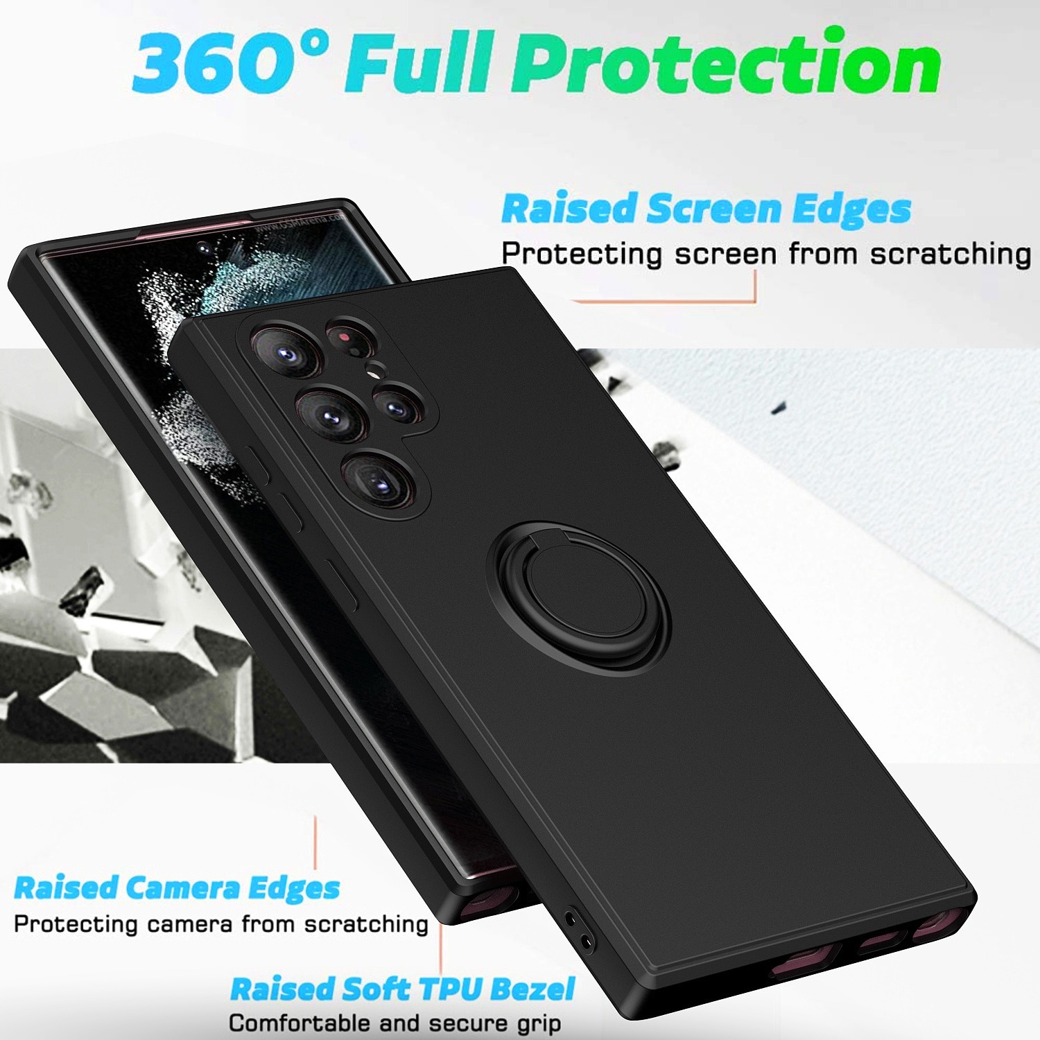 Husa telefon pentru Samsung Galaxy S22 Ultra, silicon lichid, suport rotativ, neagra
