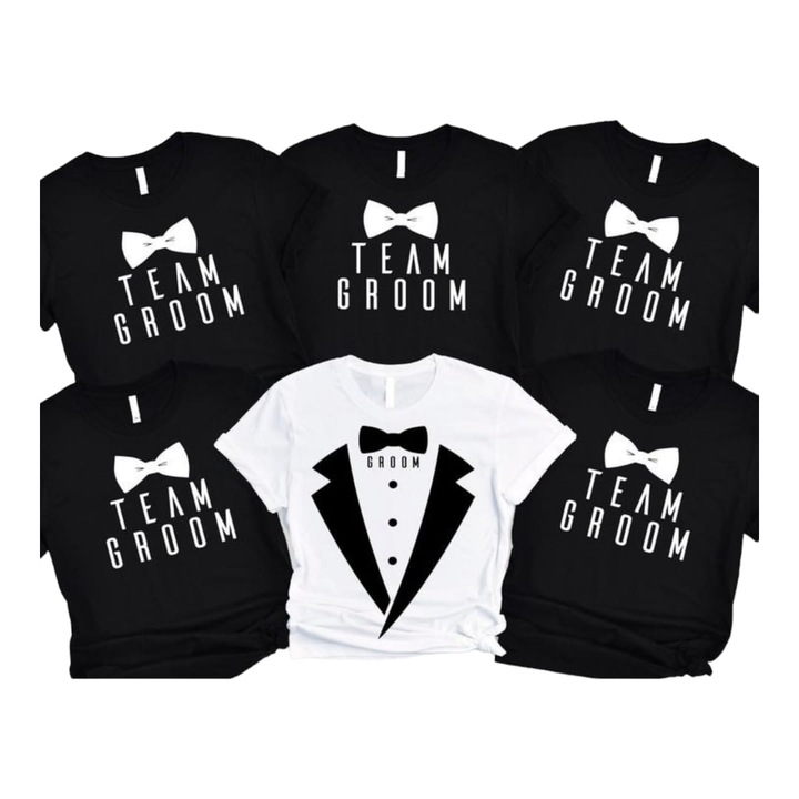 Set 6 tricouri petrecerea burlacilor funny / Groom Squad, model costum, XS, S, M, L, XL, XXL