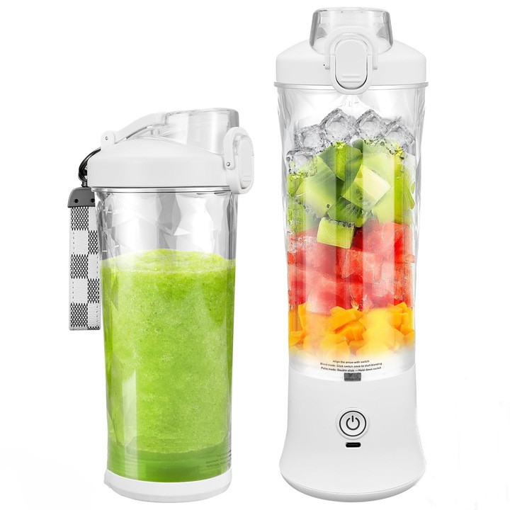 Мини електрически блендер, преносим, мултифункционален, капацитет 600 ml, 20 000 RPM, самопочистващ се, дълъг живот на батерията, 6 3D остриета, акумулаторна батерия, бял