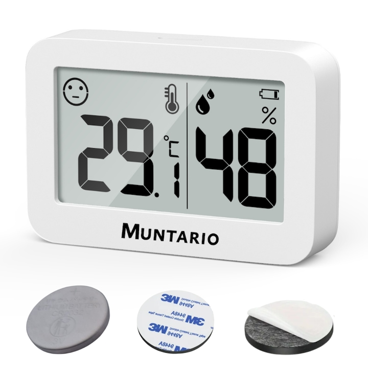 Muntario™ Szoba Hőmérő és Páramérő, 5x3 cm, mágneses és sima öntapadó korongok, 3v-os elem, digitális, LCD kijelző, komfort jelző, fehér