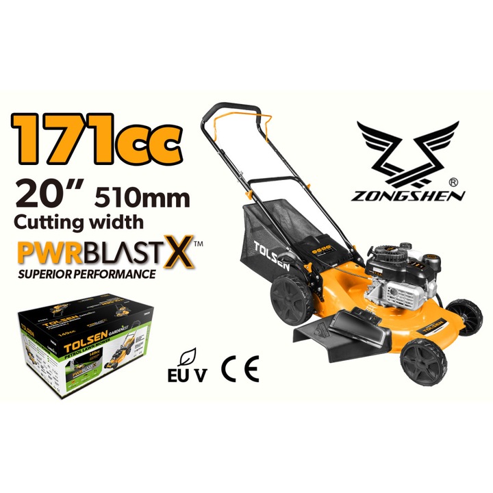 TOLSEN PwrBlastX benzinmotoros fűnyíró, 510 mm, 3200 W, 171 cm³, 4 ütemű Zongshen motor, 25-70 mm vágási szélesség, 8 pozíció, 60 literes fűgyűjtő, 7"/10" kerekek, Euro 5, ipari, CE