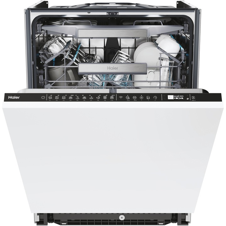 Съдомиялна за вграждане Haier XI 6B0M3PDB, 16 комплекта, 10 програми, Инверторен мотор, WiFi, Автоматично отваряне на вратата, Сензор за натоварване, Сензор за ниво на замърсяване, Клас B, 60 см