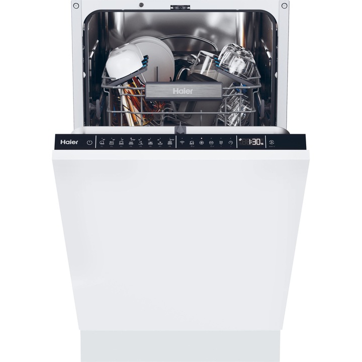 Съдомиялна за вграждане Haier XI0C3TB3FB, 10 комплекта, 8 програми, Инверторен мотор, WiFi, Aquastop, Автоматично отваряне на вратата, Сензор за натоварване, Сензор за ниво на замърсяване, Клас C, 45 см