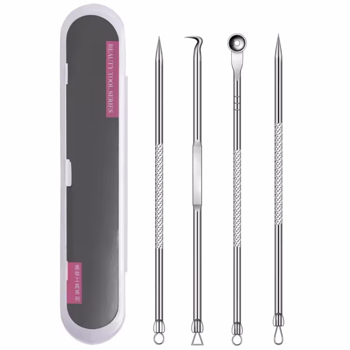 Комплект 4 пинсети за изваждане на черни точки, черни точки, акне, козметични прибори от неръждаема стомана, enkourakoko, сребрист