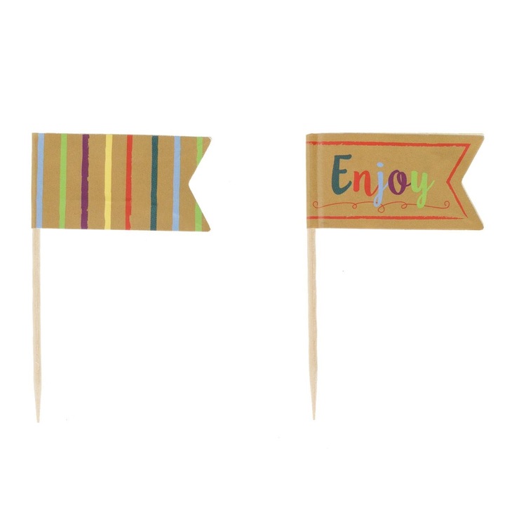 Set 18 scobitori din bambus pentru petreceri Shopiens®, cu stegulete kraft cu dungi si imprimeu "Enjoy", inaltime 6.8 cm