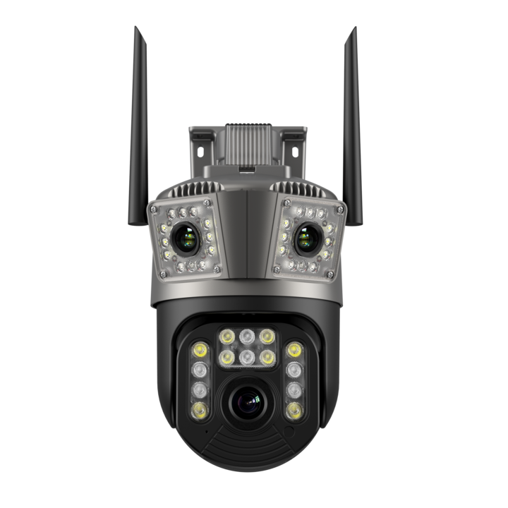 Тройна WIFI камера за наблюдение Reobiux, 12MP 6K, P16Q, външна, Ultra HD, въртене, светодиоди, светлина, защита на сигурността, нощно виждане, външна IP камера, видеонаблюдение, двупосочна комуникация, аларма, сребро