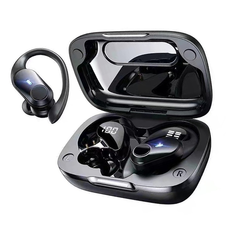 Безжични слушалки, Chucai, Bluetooth 5.1, цифров дисплей, черни