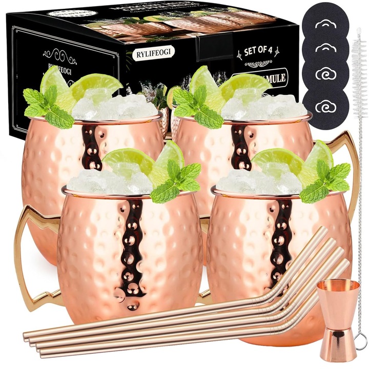 4 db-os Moscow Mule pohár 530 ml-es készlet, fém szívószállal, tisztítókefével, mérőpohárral, alátéttel, koktélhoz, hideg italhoz, otthon, bár, buli,