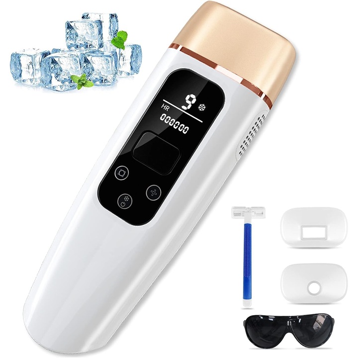 Epilator IPL Profesional LUKETO®, Pentru indepartarea definitiva a parului, Rezultate vizibile rapid, Mod automat si manual, Tehnologie avansata Ice Cooling, 600000 Impulsuri, 9 Trepte de intensitate, Senzor piele, Epilator facial/sprancene inclus, Alb