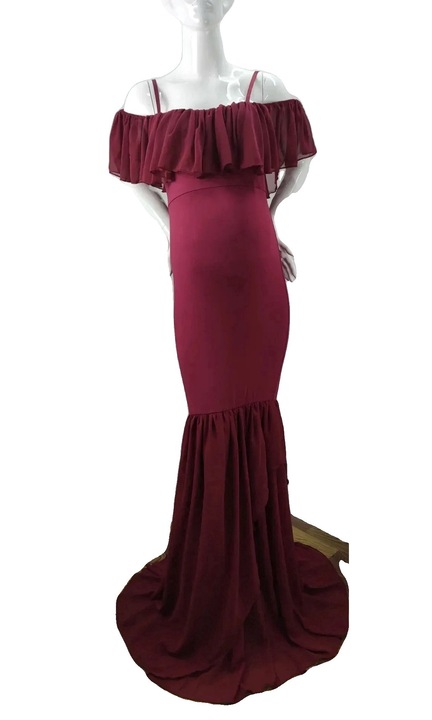 Елегантна рокля за бременни, с отворени рамене, акрил/памук/полиестер, виненочервена, Винено Червено
