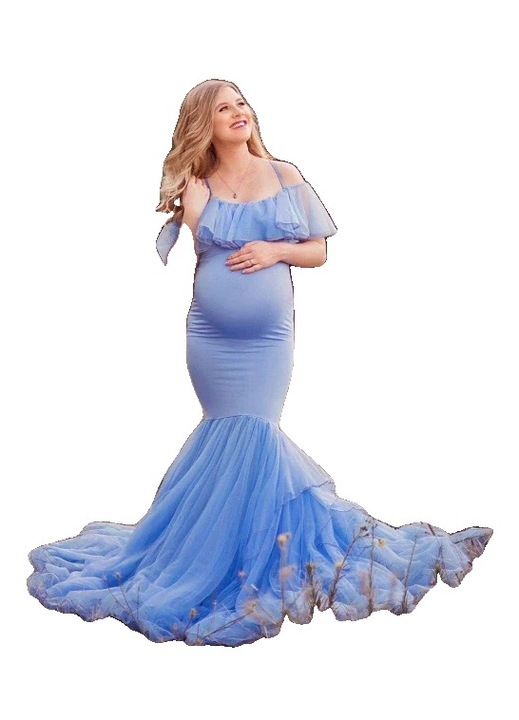 Елегантна рокля за бременни, с отворени рамене, акрил/памук/полиестер, синя, Светлосин