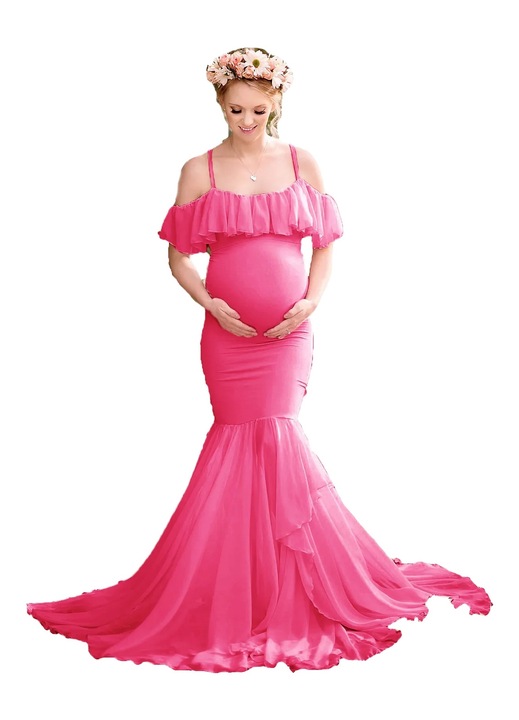 Елегантна рокля за бременни, с отворени рамене, акрил/памук/полиестер, розова, Розово