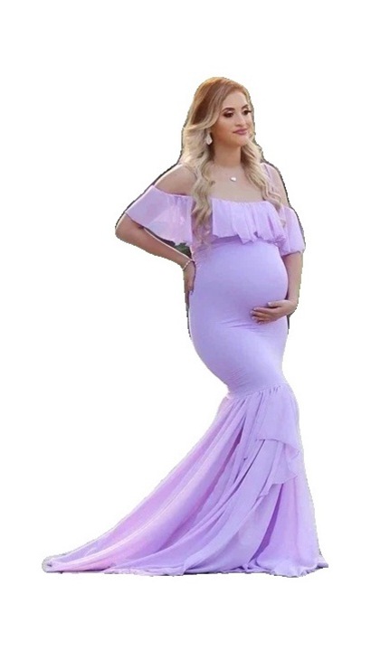 Елегантна рокля за бременни, с отворени рамене, акрил/памук/полиестер, лавандула, M