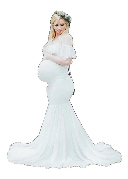 Елегантна рокля за бременни, с отворени рамене, акрил/памук/полиестер, бяла, Бял