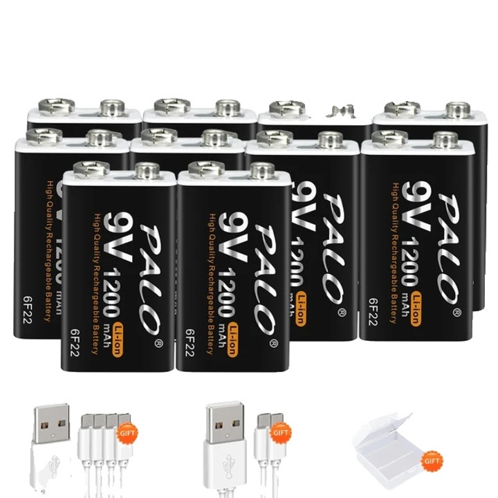 PALO 9V újratölthető akkumulátorok, 1200 mAh kapacitás, gyors töltési idő, 10 db-os készlet