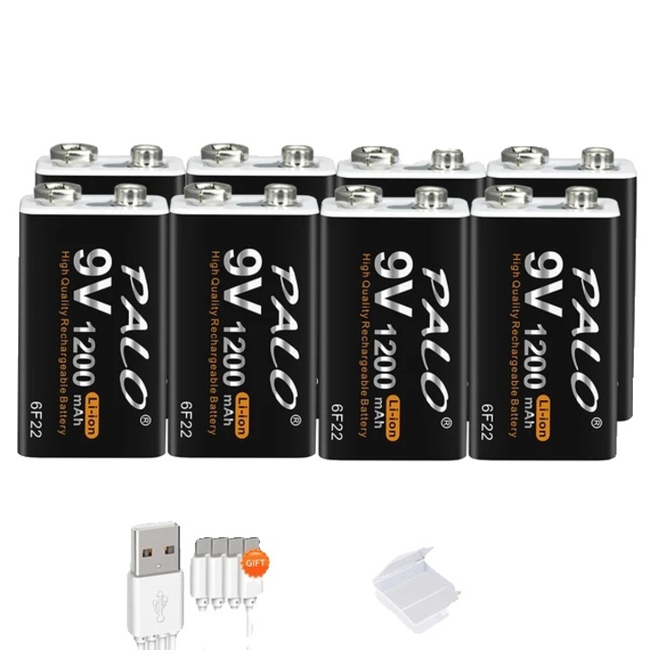 Set 8 Baterii Reincarcabile 9V Li-Ion, Capacitate 1200mAh, Timp Incarcare Rapid, Culoare Multicolor, Include Cablu USB si Cutie de Stocare