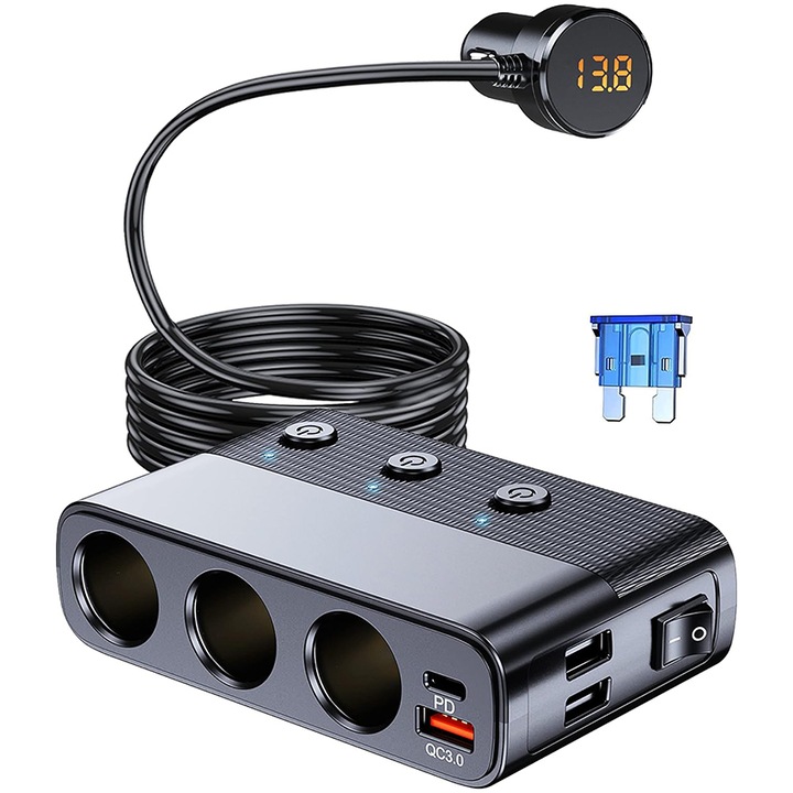 Adaptor bricheta auto, Chucai, Cu sigurante, Incarcator auto 7 in 1 multiplicator 128W, 3 x soclu auto, 3 x USB, QC3.0, 1 x USB-C, afisaj display voltaj, Negru