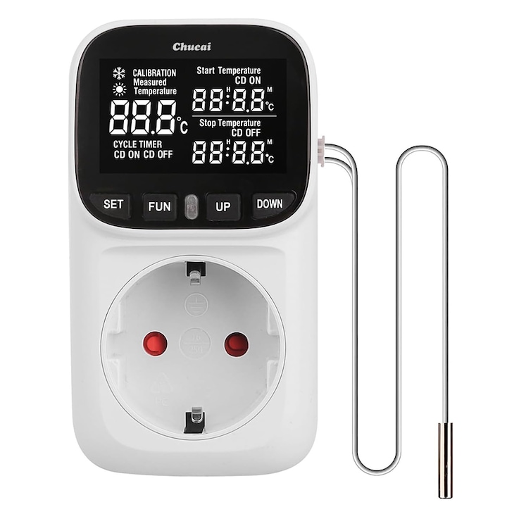 Priza inteligenta cu termostat, Chucai, programabila, cu senzor de temperatura, pentru controlul pompelor de recirculare, sisteme de incalzire/racire, acvarii, terarii, sere, 230V, 16A, Alb