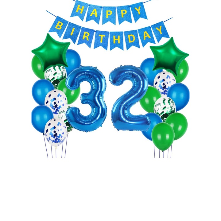 32 db születésnapi dekorációt tartalmazó készlet lufik és Happy Birthday banner, kék és zöld színben