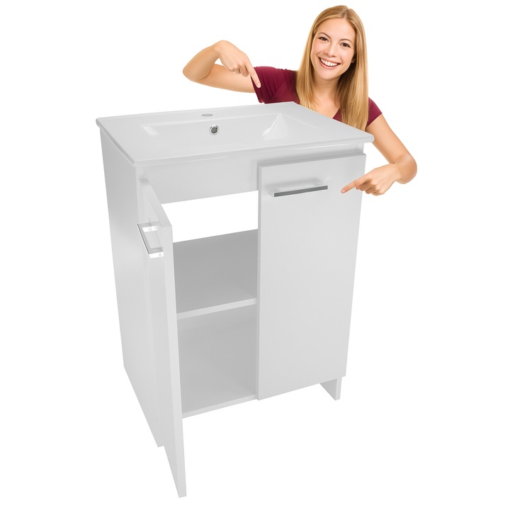 Dulap De Baie Si Lavoar, paplinskimoebel, Ronda 60, Danka 60, 46X60X85 Cm, Pal, De Sine Statator, Cu Inchidere Silentioasa, Cu Manere Cromate, Alb Mat