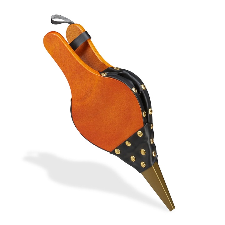 Suflanta manuala de aer pentru gratar sau semineu, design rustic si elemente aurii decorative, usor de utilizat, maner confortabil, din MDF, piele artificiala si metal, 16 x 39 cm