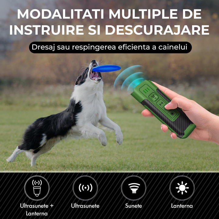 Ултразвуков уред против лай и обучение на кучета, 2 режима, батерия 1200mAh, фенерче, използва се срещу агресивни кучета, зелен