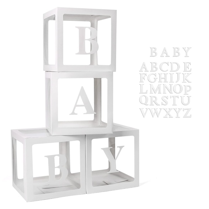 Комплект от 4 прозрачни кутии за балони Mei Nai Er, букви BABY, за рождени дни и разкриване на пола, бели