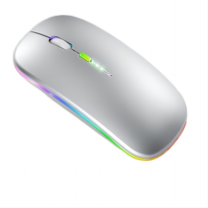 Vezeték nélküli egér, MTEVOTX Dual-Mode (2,4G és BT 5.2), újratölthető 500 mAh, állítható DPI 800/1200/1600, ergonomikus kialakítás RGB LED-del, néma gombok, akkumulátor töltöttségi szint kijelző, Plug and Play, Space Silver