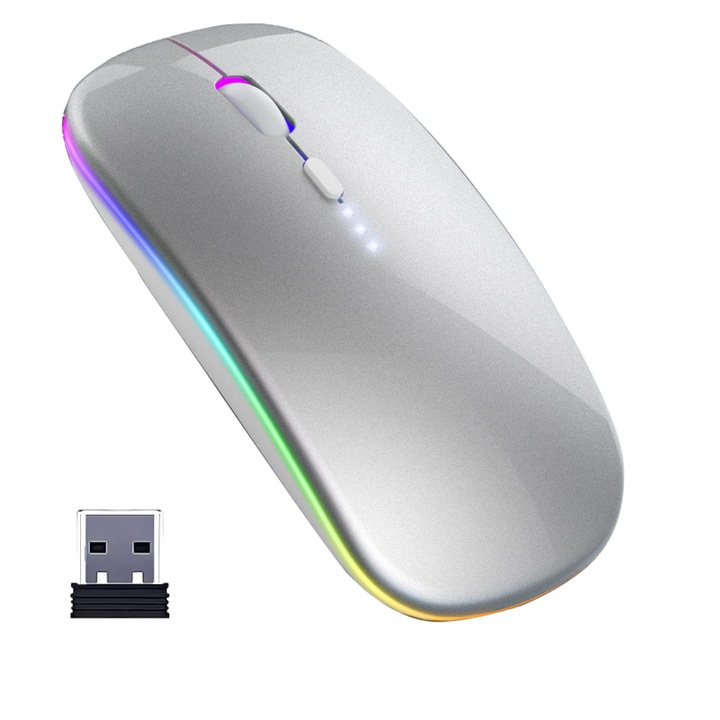 Wireless Bluetooth Mouse, MTEvoTX® LED Rechargeable Silent Slim Laptop Mouse with Battery Indicator, Portable (BT5.2 or USB 2.4G) Dual Mode Computer Mice, for Apple Laptop, iPad Tablet, Desktop, Mac (Space Silver)