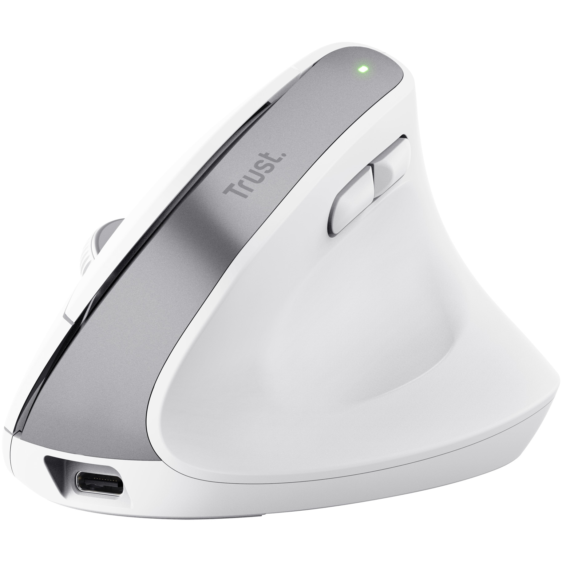 Mouse Wireless Ergonomic Trust Bayo +, silent click, 800-2400 DPI, reincarcabil USB-C, Bluetooth + RF Mouse 2.4 GHz,Alb