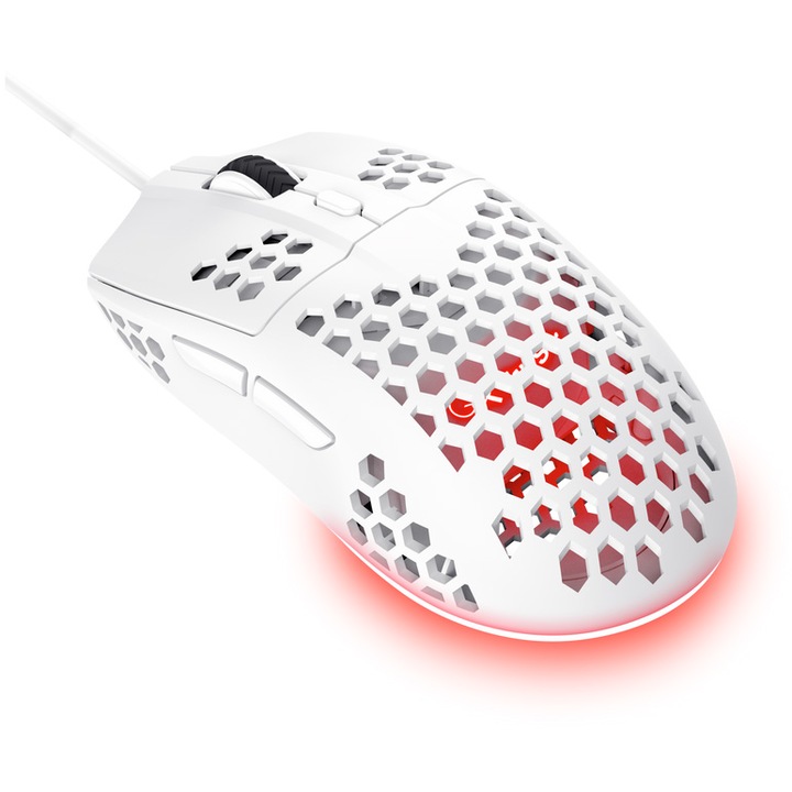 Trust GXT928 HELOX vezetékes gaming egér, RGB, 6 programozható gomb, Ultralight 65g, 200-6400 DPI, fehér