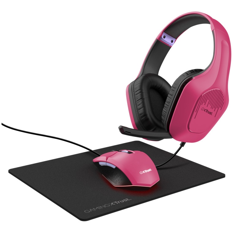 Kit Gaming 3 in 1 Trust GXT790 TRIDOX , casti cu drivere 50 mm, jack 3.5 mm, mouse programabil iluminat, 200-6400 DPI, mousepad, Roz