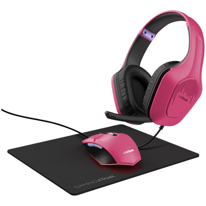 Комплект Gaming 3 in 1 Trust GXT790 TRIDOX, слушалки с 50 mm драйвери, 3,5 mm жак, програмируема осветена мишка, 200-6400 DPI, подложка за мишка, розово