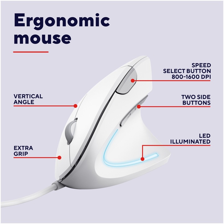 Mouse cu fir Ergonomic Trust VERTO, 1000-1600 DPI, cablu 1.5 m Alb