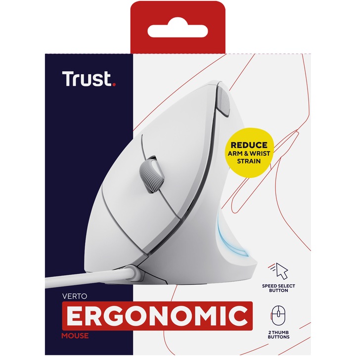 Mouse cu fir Ergonomic Trust VERTO, 1000-1600 DPI, cablu 1.5 m Alb