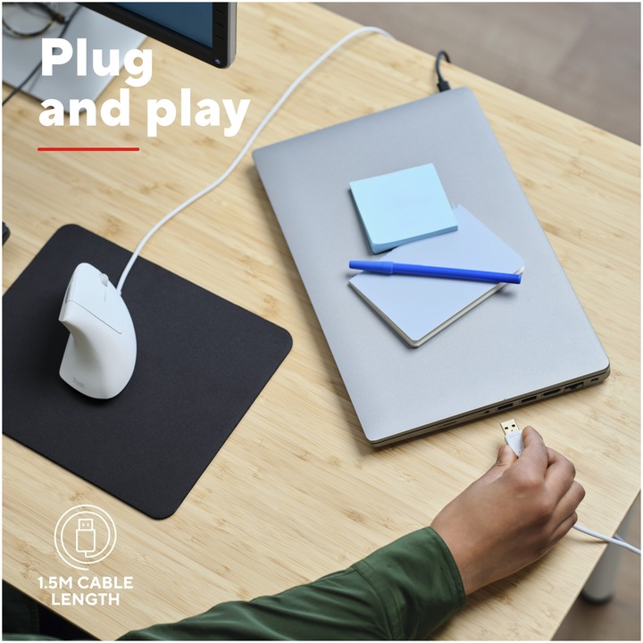 Mouse cu fir Ergonomic Trust VERTO, 1000-1600 DPI, cablu 1.5 m Alb