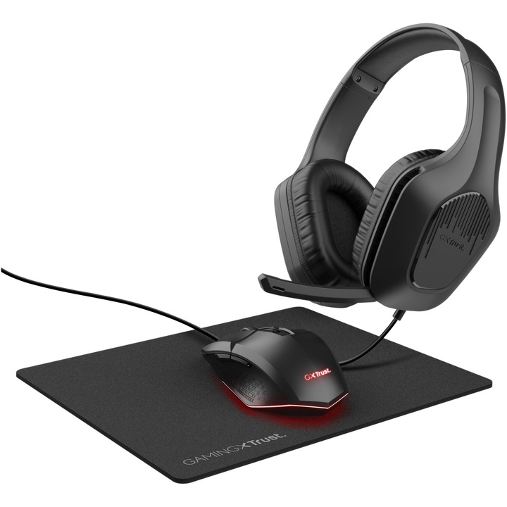 Kомплект gaming Trust GXT790 TRIDOX 3 в 1 , слушалки с 50 мм драйвери, 3,5 мм жак, програмируема осветена мишка, 200-6400 DPI, подложка за мишка, черна