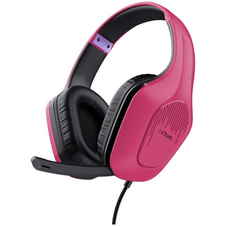 Casti Gaming cu fir Trust GXT415P ZIROX, drivere 50mm, microfon pliabil, compatibil PC, PS4/PS5/Xbox, cablu 2m, roz