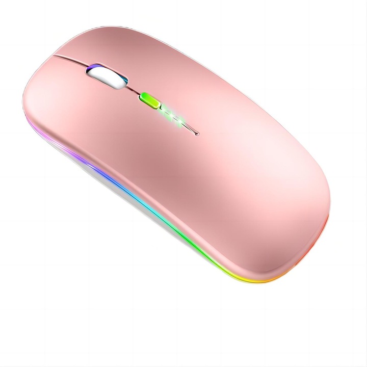 Vezeték nélküli egér, MTEVOTX Dual-Mode (2,4G és BT 5.2), újratölthető 500 mAh, állítható DPI 800/1200/1600, ergonomikus kialakítás RGB LED-del, néma gombok, akkumulátor töltöttségi szint kijelző, Plug and Play, Rose Gold