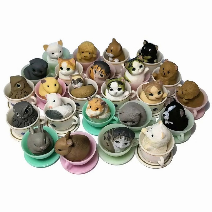 Miniatűr figura készlet, kölyökkutyák, kiscicák teáscsészékben, 24 db, tematikus dekorációk, kézzel festett, fotó kellékek, játékos dizájn, kidolgozott