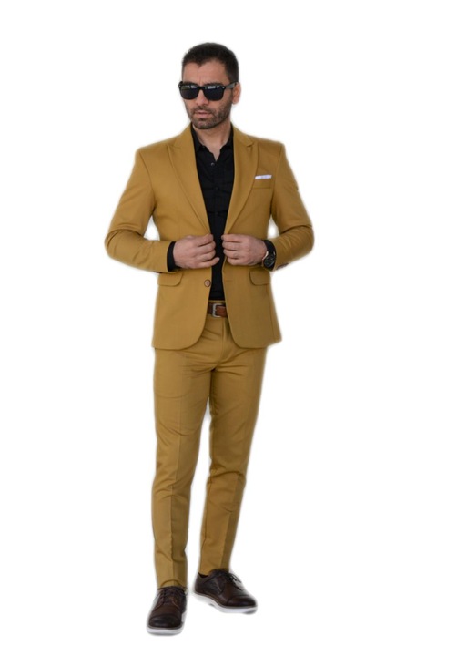 Мъжки костюм, I'm Romanian, slim fit, светлолилав, Синапено жълто
