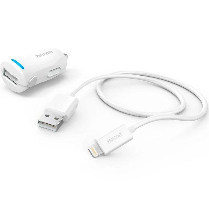 Зарядно за кола с Lightning, Hama 12 W, 1.0 m, бяло