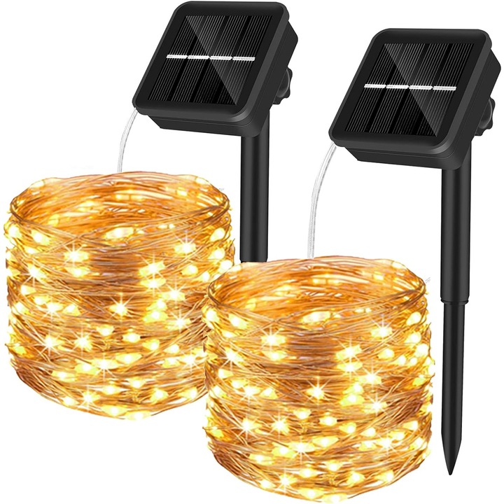 2 x napelemes füzér szett, 10m x2, 100 LED, 8 mód, IP65, többszínű