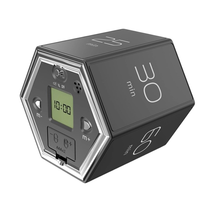 QttvbTna hatszögletű időzítő, fehér/fekete/ezüst, 7,5x6,5x6,5 cm