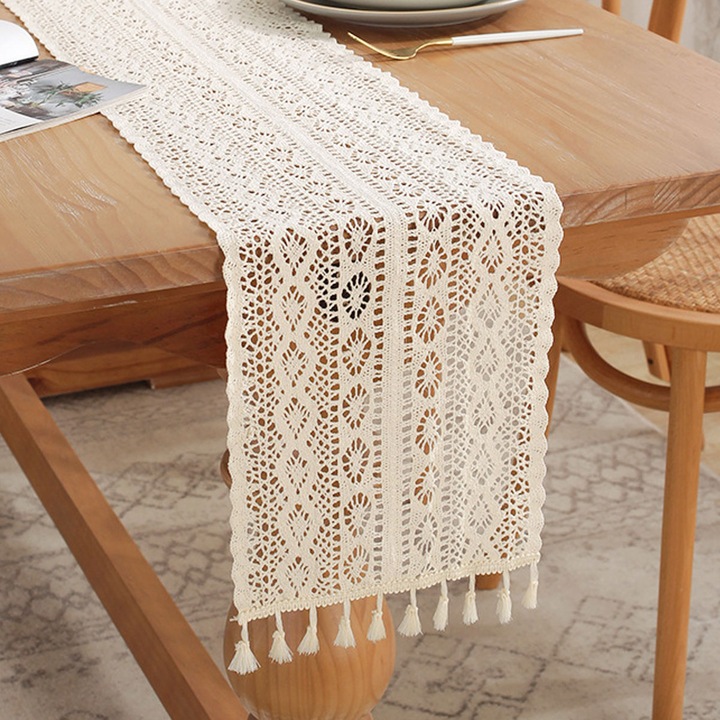 Jormftte asztalterítő, bézs, 30x160cm, csíkos és kockás mintával